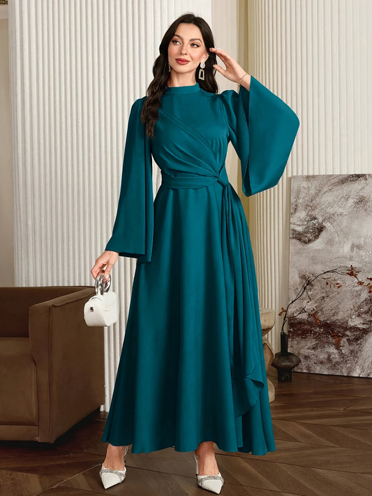 Elegant Teal Asymmetrical Long Dress with Bell Sleeves and High Neckline - Flowing A-Line Silhouette, Perfect for Formal Events, Formal Event Attire|Asymmetrical Hemline|Polyester Fabric