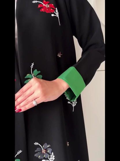 Women's Middle Eastern Turkish Kaftan Dress - Floral Print with Contrast Green Sleeves, Open Collar Long Sleeve Floor-Length Machine Washable Elegant Abaya for Casual & Formal Occasions, Nontransparent Fabric