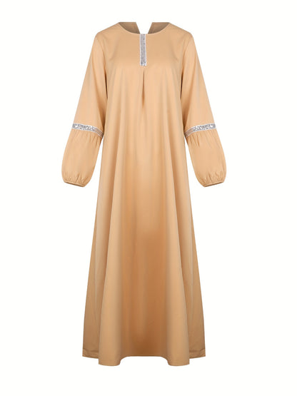 Middle Eastern Solid Color Long Sleeve Muslim Abaya Casual Sequined Dress