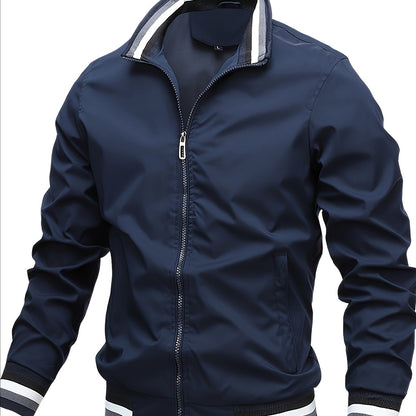 Men'S Retro Hip-Hop Baseball Jacket - Casual Sports Bomber with Stand Collar Zipper, Polyester Fabric - Perfect for Fall and Winter, Casual Weekend Wear, Casual Jacket|Hip Hop Style|Zippered Jacket