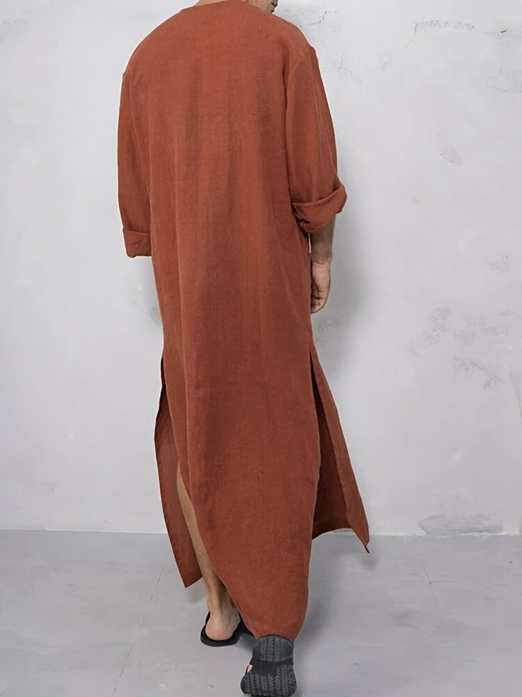 Southeast Asian Men's Loose Striped Round Neck Long Sleeve Muslim Robe Hoodie Pocket Middle Eastern Abaya