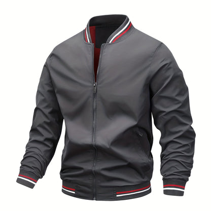 1pc, Spring And Fall Men's Striped Sports Fashion Jacket, Baseball Collar Zip Up Casual Jacket For Mountaineering And Daily Outings