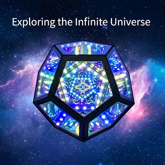 RGBW Color Changing Music Sync Infinity Dodecahedron Mirror Lamp - USB-Powered 3D Acrylic Modern Night Light for Gaming Room, Bedroom, Desk Decor - Customizable Ambient Lighting Gift for Holidays, Parties, Gaming Lights for B
