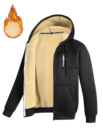 A Men's casual sports warm fleece hooded jacket with zipper opening and pocket, suitable for outdoor and training activities, autumn and winter clothing | casual style hooded sweatshirt | zipper hooded sweatshirt, Fleece Jack