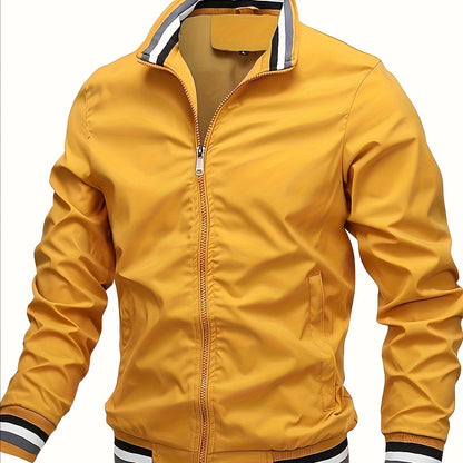 Men'S Retro Hip-Hop Baseball Jacket - Casual Sports Bomber with Stand Collar Zipper, Polyester Fabric - Perfect for Fall and Winter, Casual Weekend Wear, Casual Jacket|Hip Hop Style|Zippered Jacket