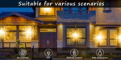 5pcs 450LED Solar Starburst Lanterns with Remote Timer - 8 Modes, Adjustable Brightness, Fairy Lights for Yard, Party Tents, Christmas, and More - Pure Copper Wire, 1200mAh Lithium Battery, Outdoor Lighting | Starburst Design