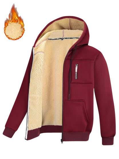 A Men's casual sports warm fleece hooded jacket with zipper opening and pocket, suitable for outdoor and training activities, autumn and winter clothing | casual style hooded sweatshirt | zipper hooded sweatshirt, Fleece Jack