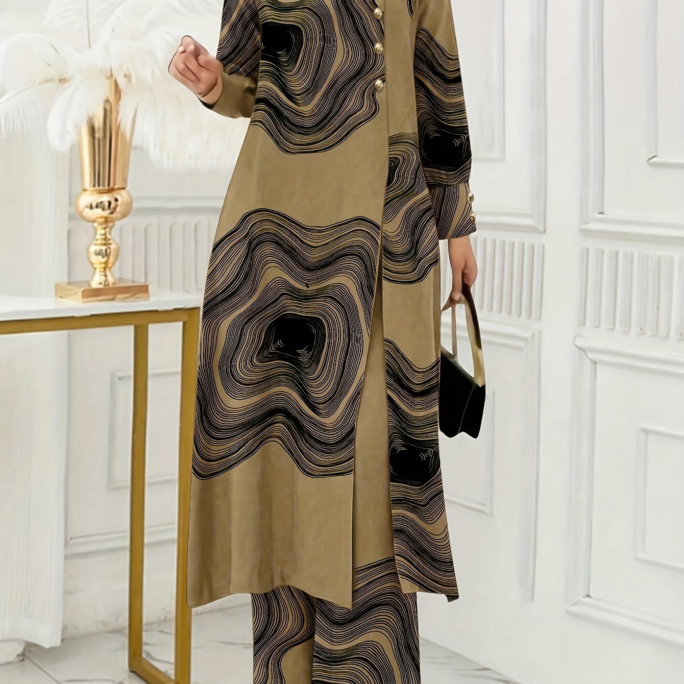 Ramadan Women'S Solid Color Button Design Long Sleeve Top and Pants Set, Arabic Style, Polyester, with Faux Button Detail, for All Seasons