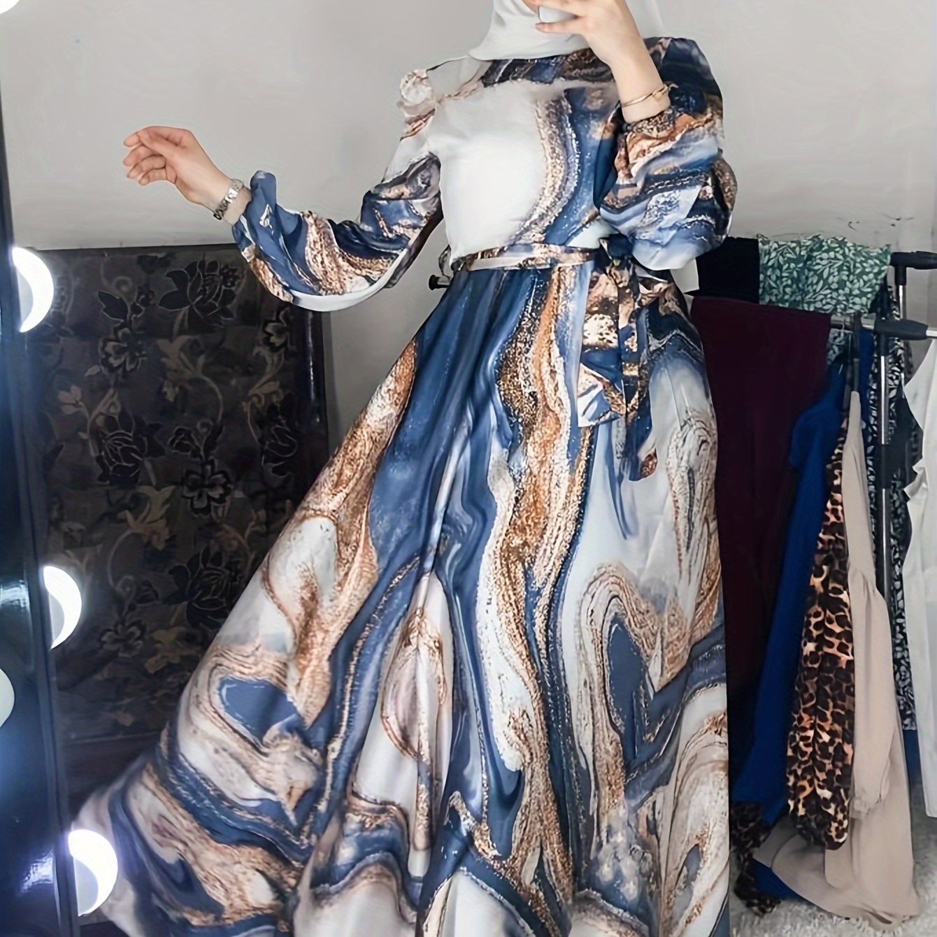 Vibrant Middle Eastern Inspired Print Long Dress - Dresses for Women - Polyester Woven Fabric, Round Neck, A-Line Skirt, Color Block Design, Comfortable and Stylish for All Seasons and Occasions
