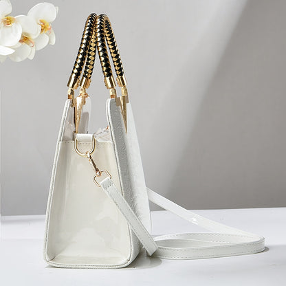 Elegant Crocodile Pattern Handbag for Women - Versatile Large Capacity Shoulder & Handbag, Glossy White Finish with Golden Accents, Perfect for Work, Date Night, Or Casual Outings, Commuter Handbag | Vneck Tote | Zipper Closu