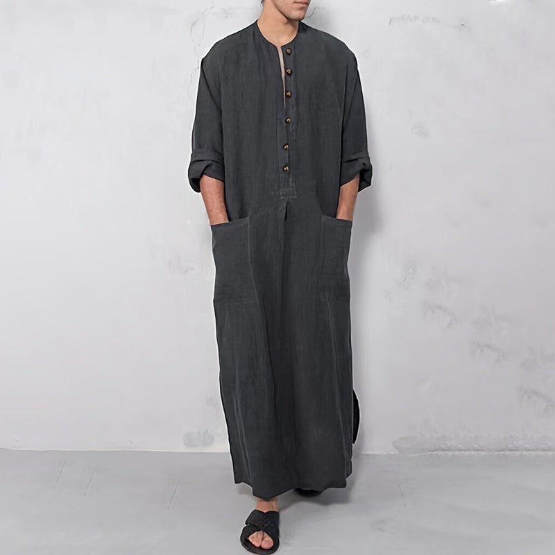 Southeast Asian Men's Loose Striped Round Neck Long Sleeve Muslim Robe Hoodie Pocket Middle Eastern Abaya
