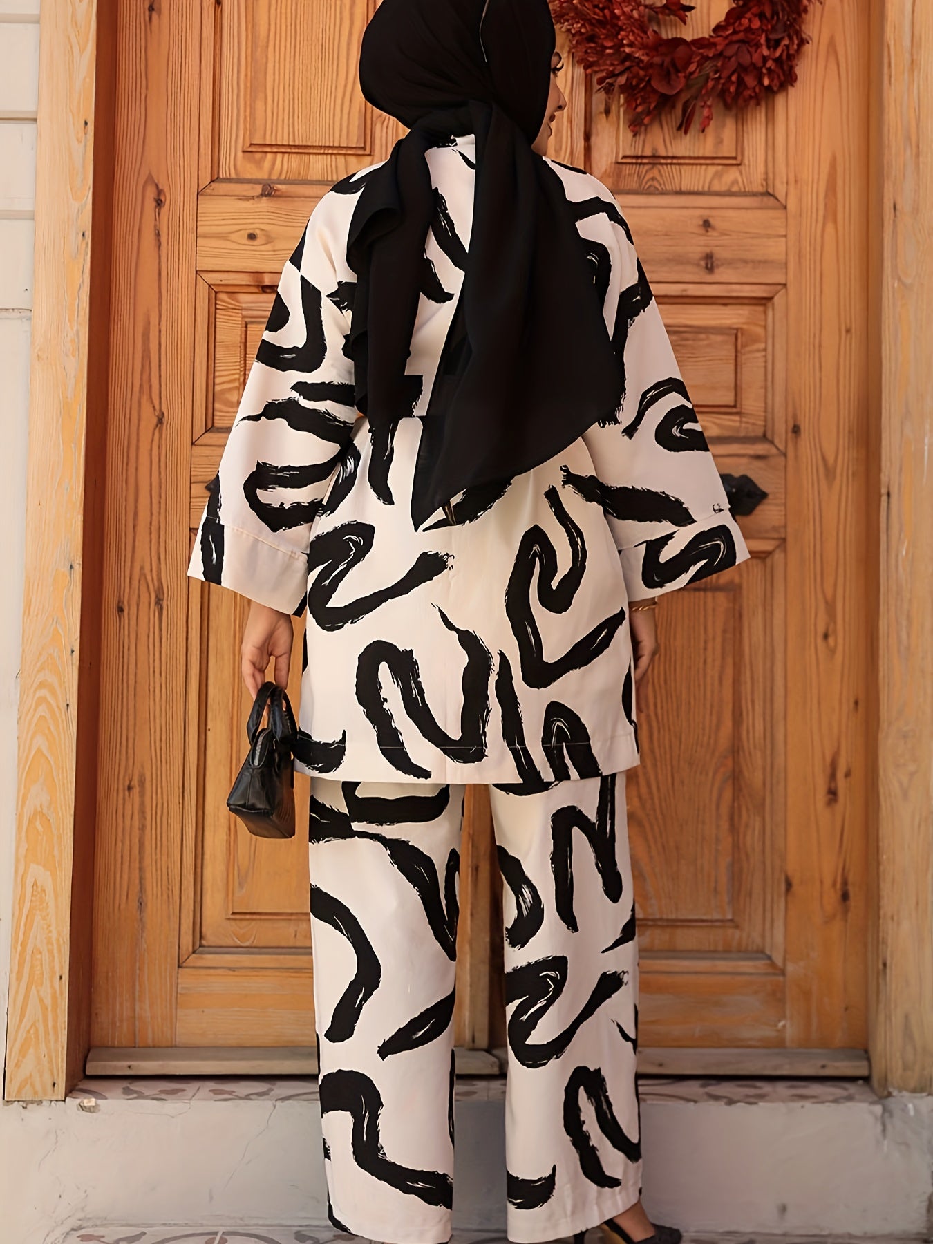1 Set Elegant Geometric Print Open Front Abaya with Belt, Polyester Woven Pants Suit for Spring/Summer/Fall - Middle Eastern Style