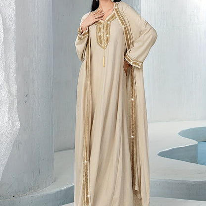 2pcs Traditional Style Beige Hand-Embroidered Rhinestone with Woven Belt, Polyester Long Dress Set, Solid Color, Non-Stretch Fabric, Long Sleeve, Regular Fit, All-Season