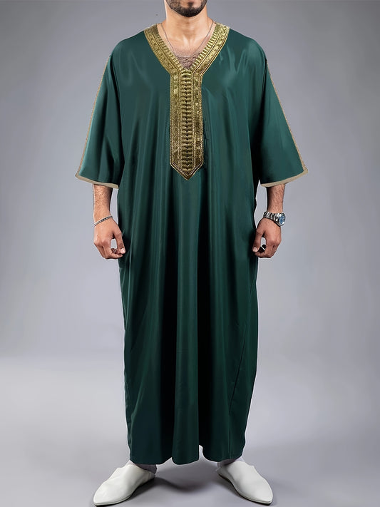 Men'S Vintage Polyester Burqa Robe - Solid Color, V-Neck, Three Quarter Sleeves, Loose Fit, Exaggerated Ruffle Detail, Spring/Fall Season, Woven Fabric, 95% Polyester 5% Spandex, 140 g/m² - No Belt