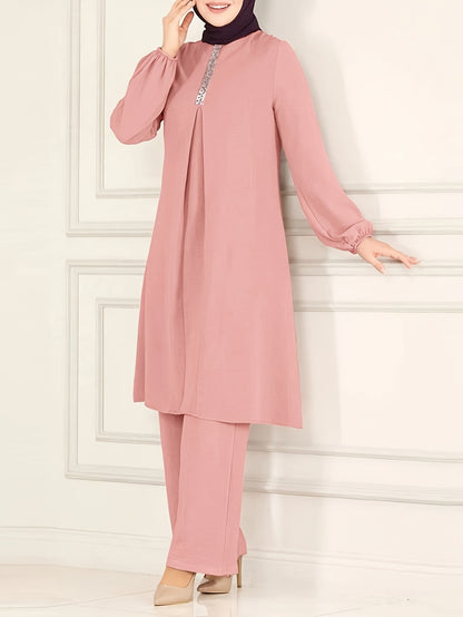 Two-Piece Set for Women Featuring a Simple Round Neck Shirt And Loose Long Pants (Headscarf Not Included).