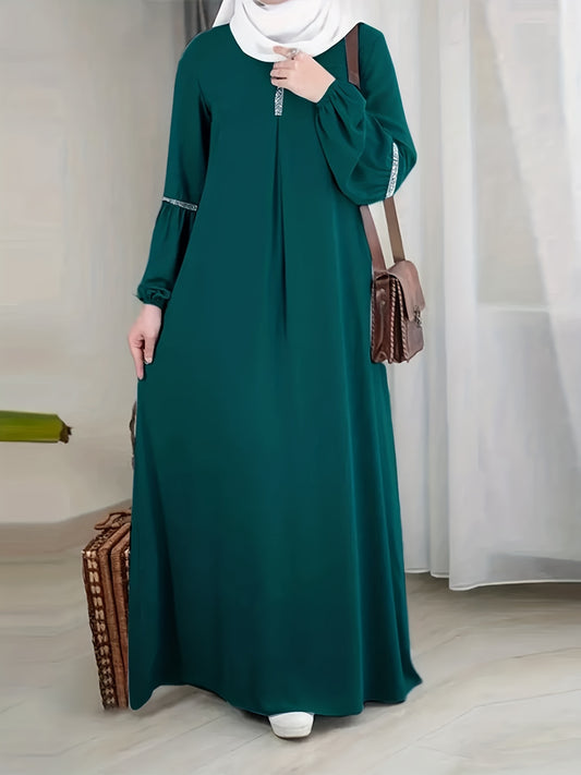 Middle Eastern Solid Color Long Sleeve Muslim Abaya Casual Sequined Dress