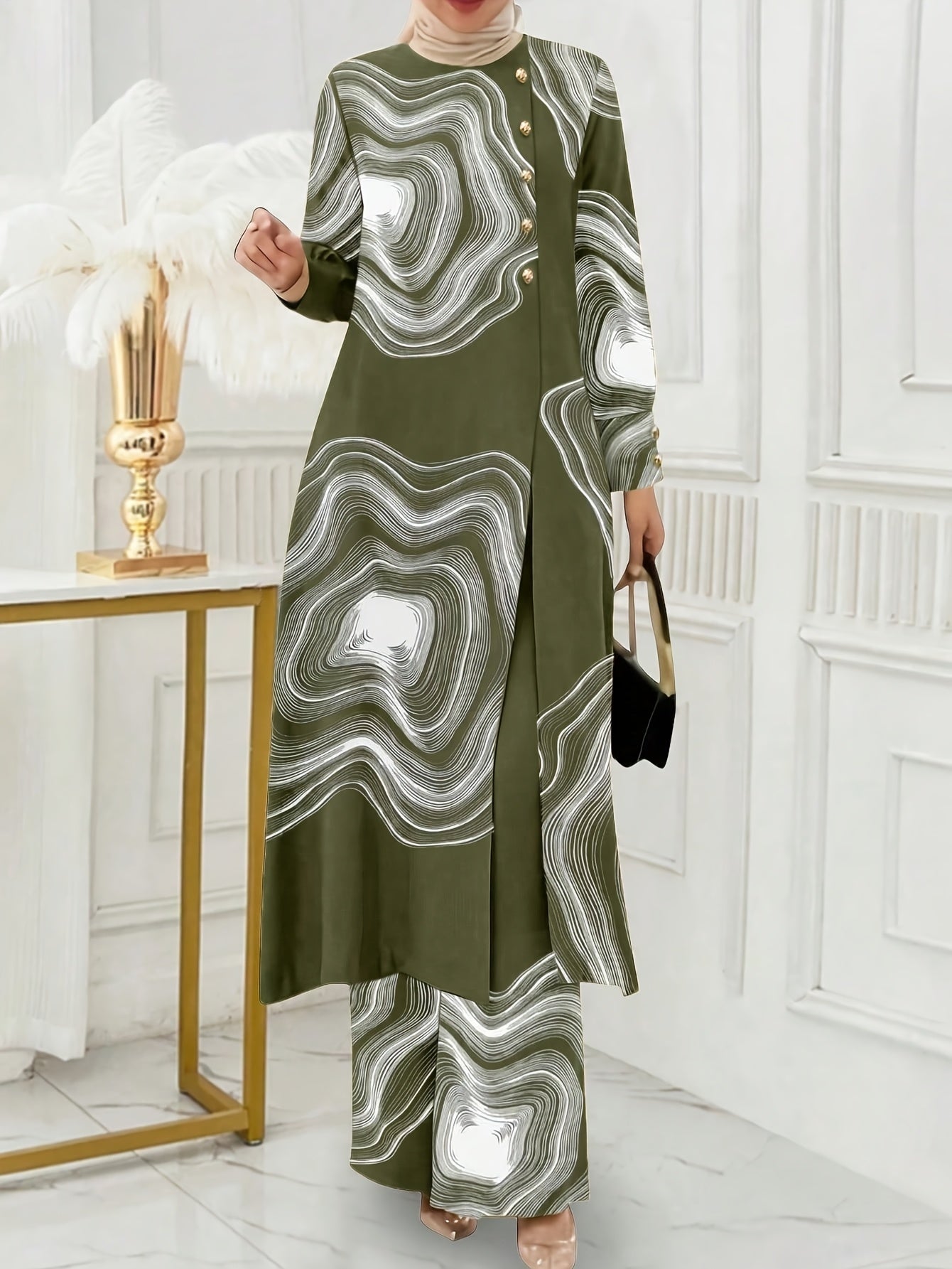 Ramadan, Women Button-Decorated Solid Color Long Sleeve Top & Pants Set, Arabic Style Clothing, Only Clothes, Without Headscarf