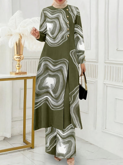 Ramadan, Women Button-Decorated Solid Color Long Sleeve Top & Pants Set, Arabic Style Clothing, Only Clothes, Without Headscarf