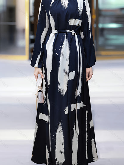 Women's Turkish Kaftan Dress - Navy & White Abstract Print Long Sleeve Midi Dress with Stand-Up Collar & Adjustable Waist Belt, Machine Washable All-Season Traditional Elegance for Casual or Formal Occasions