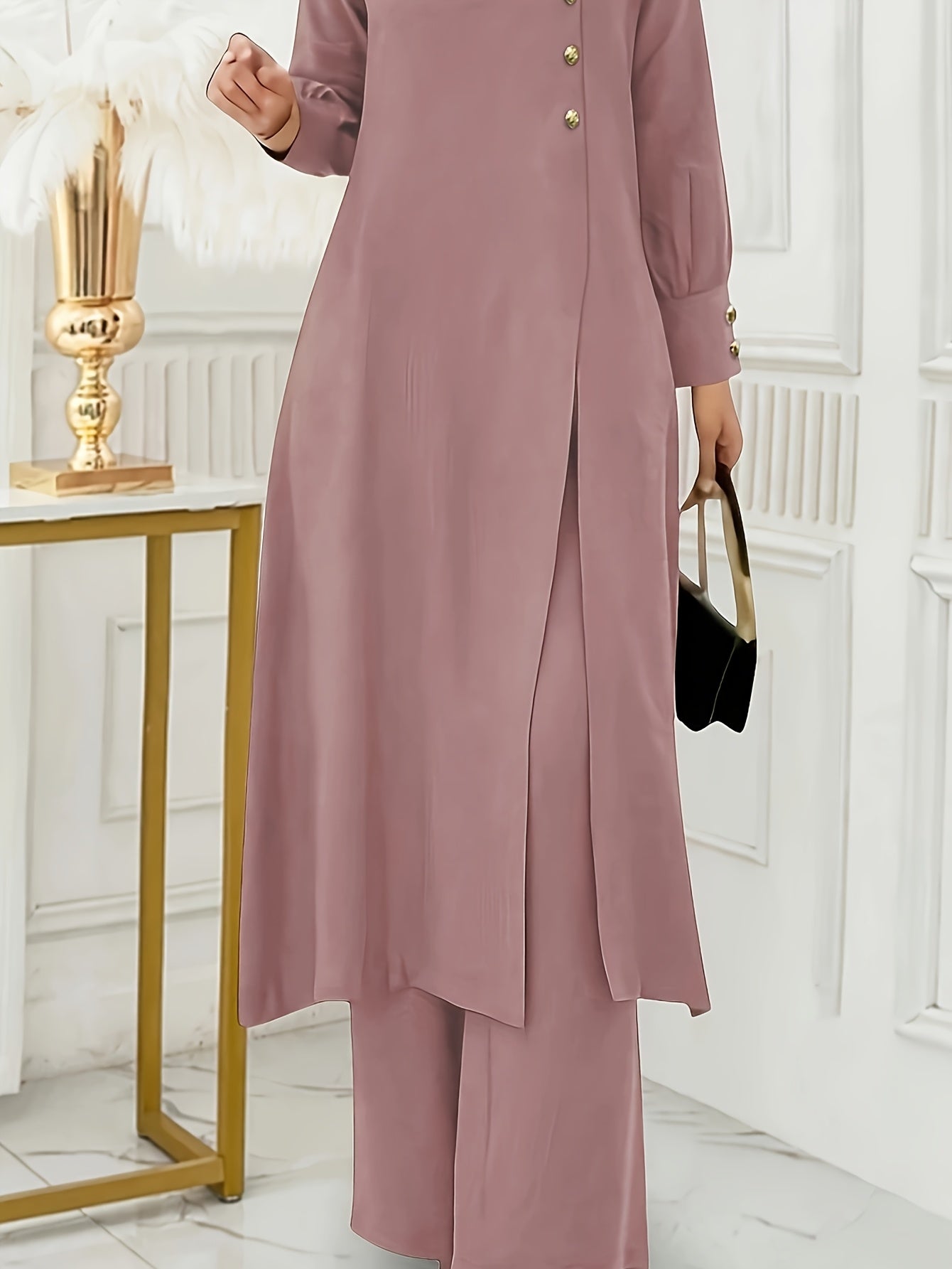 Ramadan Women'S Solid Color Button Design Long Sleeve Top and Pants Set, Arabic Style, Polyester, with Faux Button Detail, for All Seasons