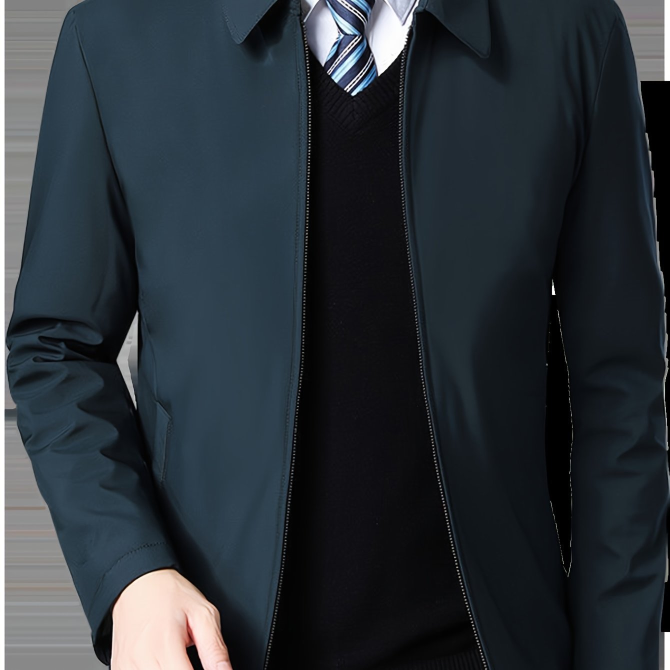 Men's Casual Business Jacket for Elderly - Polyester, Solid Color, Non-Stretch Fabric, Spring/Autumn Wear with Pockets
