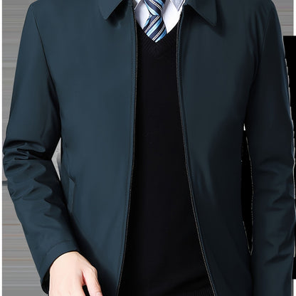 Men's Casual Business Jacket for Elderly - Polyester, Solid Color, Non-Stretch Fabric, Spring/Autumn Wear with Pockets