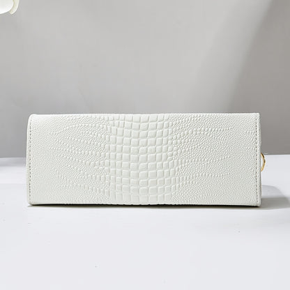 Elegant Crocodile Pattern Handbag for Women - Versatile Large Capacity Shoulder & Handbag, Glossy White Finish with Golden Accents, Perfect for Work, Date Night, Or Casual Outings, Commuter Handbag | Vneck Tote | Zipper Closu