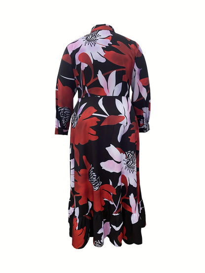 [Elegant Floral Dress] Elegant Floral Print Women's Long Dress | V-Neck, Ruching, Machine Washable, All-Season, Versatile, Casual to Formal Wear, Nontransparent Fabric