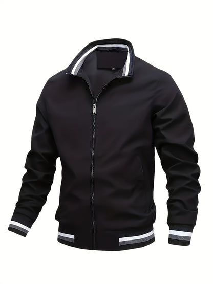 Men'S Retro Hip-Hop Baseball Jacket - Casual Sports Bomber with Stand Collar Zipper, Polyester Fabric - Perfect for Fall and Winter, Casual Weekend Wear, Casual Jacket|Hip Hop Style|Zippered Jacket
