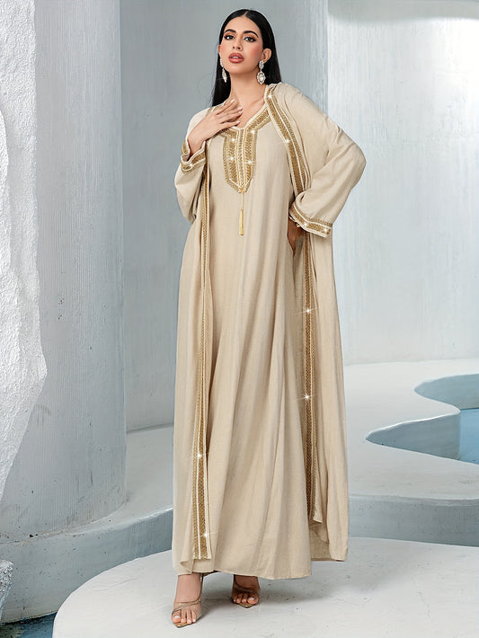2pcs Traditional Style Beige Hand-Embroidered Rhinestone with Woven Belt, Polyester Long Dress Set, Solid Color, Non-Stretch Fabric, Long Sleeve, Regular Fit, All-Season