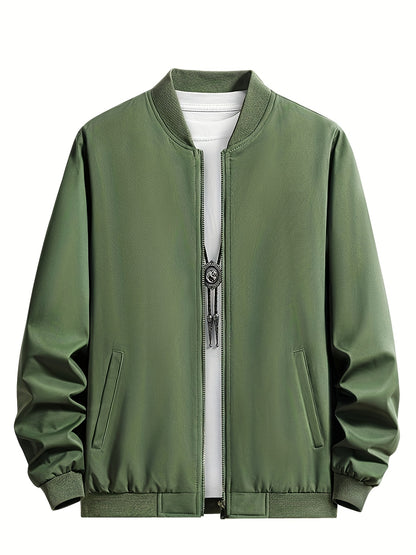 Men's Outdoor Warm Fleece-Lined Thick Casual Business Jacket with Baseball Collar, Solid Color, Machine Washable - Polyester