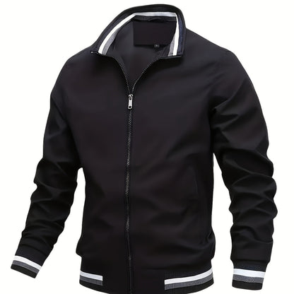 Men'S Retro Hip-Hop Baseball Jacket - Casual Sports Bomber with Stand Collar Zipper, Polyester Fabric - Perfect for Fall and Winter, Casual Weekend Wear, Casual Jacket|Hip Hop Style|Zippered Jacket