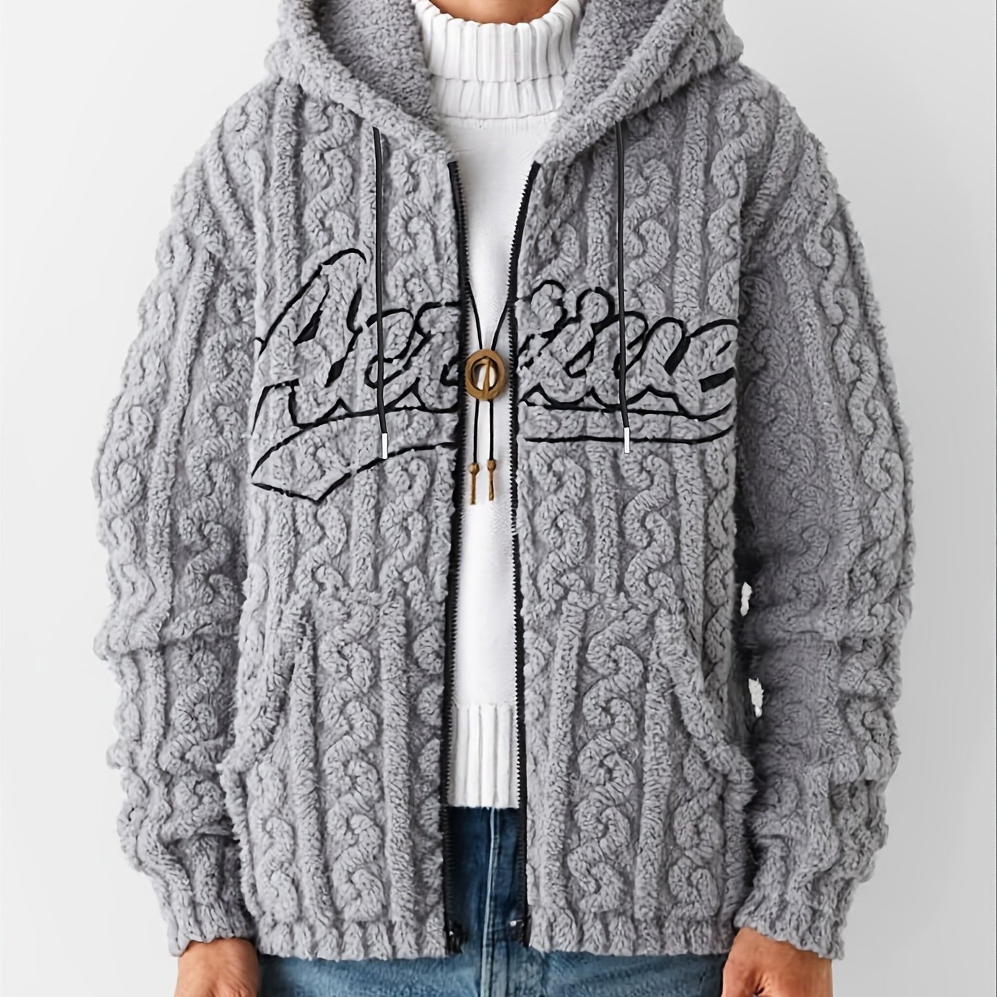 1pc Men'S Fleece Hooded Zip-Up Jacket with Embroidered Lettering - Cozy Double-Sided Plush, Long Sleeve, Regular Fit, Fall/Winter Casual Outerwear, Casual Winter Wear | Embroidered Lettering Jacket | Plush Fleece Jacket, Thic