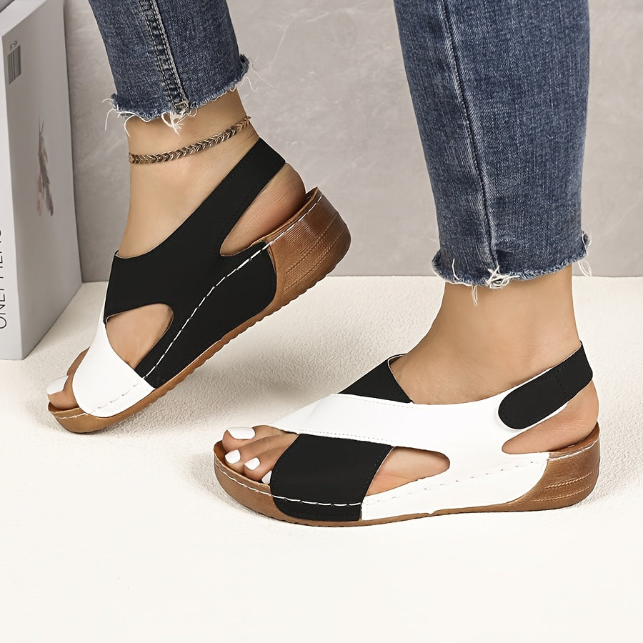 Women'S Color-Block Wedge Sandals - Open-Toe Summer Beach Shoes with Adjustable Hook-and-Loop Straps, Comfortable PU Upper & Cushioned Insole for Outdoor Wear, Strappy Sandals, Beach Footwear, Stylish Wedge Design, Durable Tr