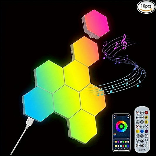 AmbiSync HexaGlow 10pc LED Wall Lights: USB-Powered, 16 Colors, App & Music Control, Remote, Modern Decor Lighting