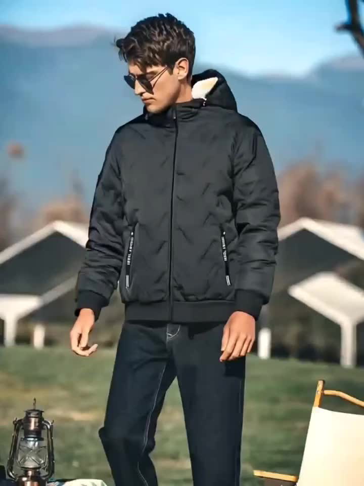 Men'S Winter Warm Fleece-Lined Zip-Up Hooded Jacket with Pockets - Navy Blue & Beige Color Block, Comfortable Polyester Fabric, Ideal for Outdoor Activities, Running, and Casual Wear, Winter Jacket