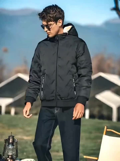Men'S Winter Warm Fleece-Lined Zip-Up Hooded Jacket with Pockets - Navy Blue & Beige Color Block, Comfortable Polyester Fabric, Ideal for Outdoor Activities, Running, and Casual Wear, Winter Jacket