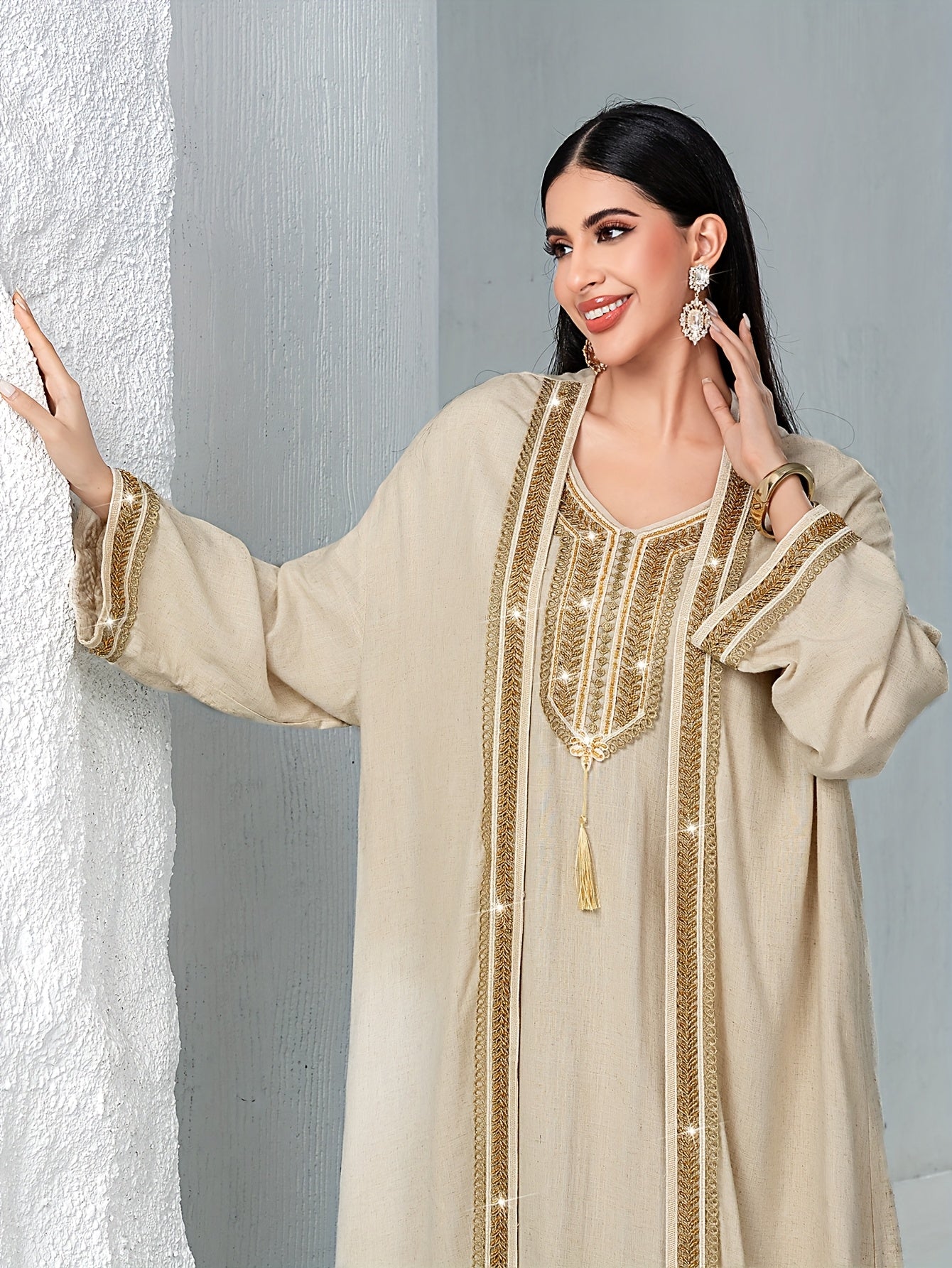 2pcs Traditional Style Beige Hand-Embroidered Rhinestone with Woven Belt, Polyester Long Dress Set, Solid Color, Non-Stretch Fabric, Long Sleeve, Regular Fit, All-Season