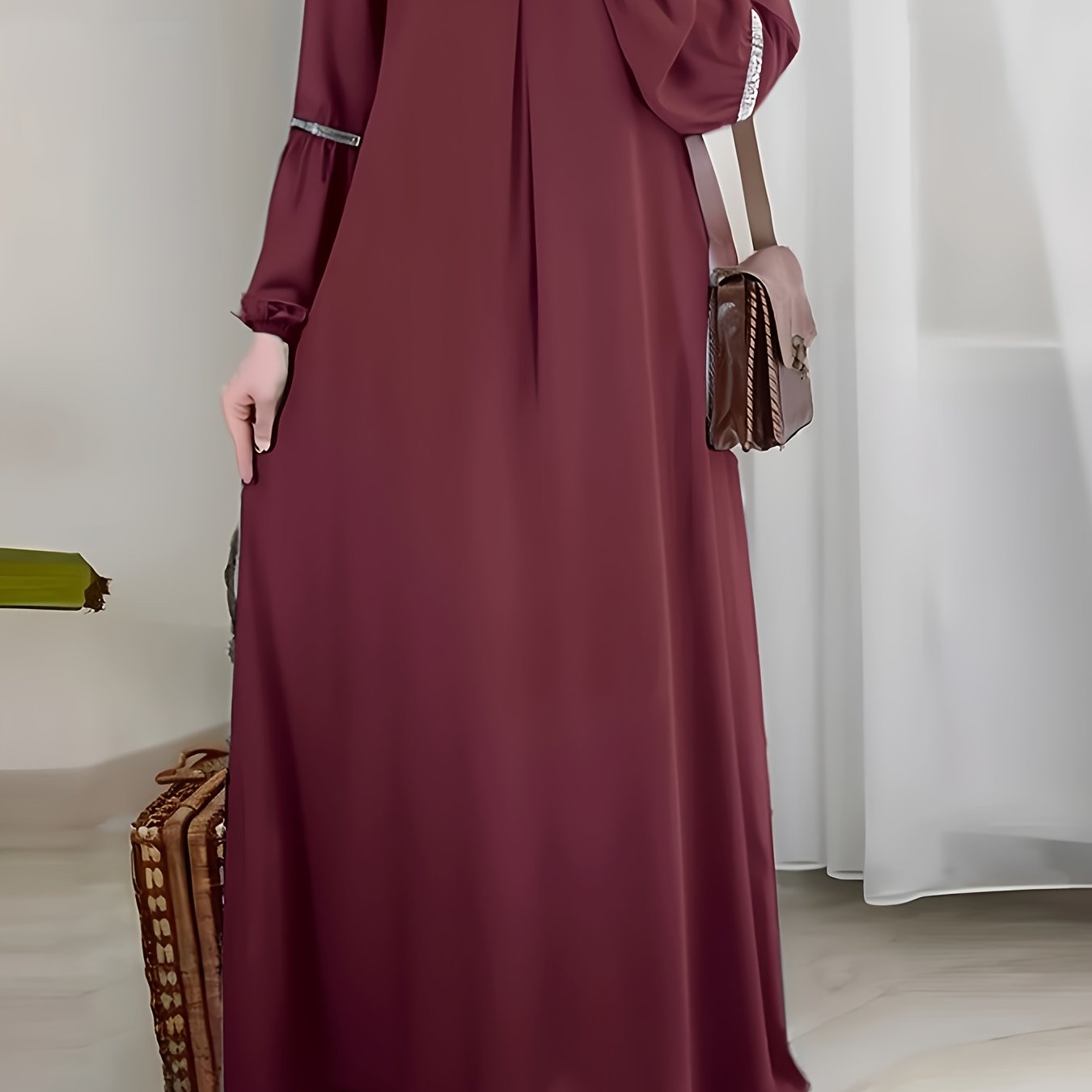 Middle Eastern Solid Color Long Sleeve Muslim Abaya Casual Sequined Dress
