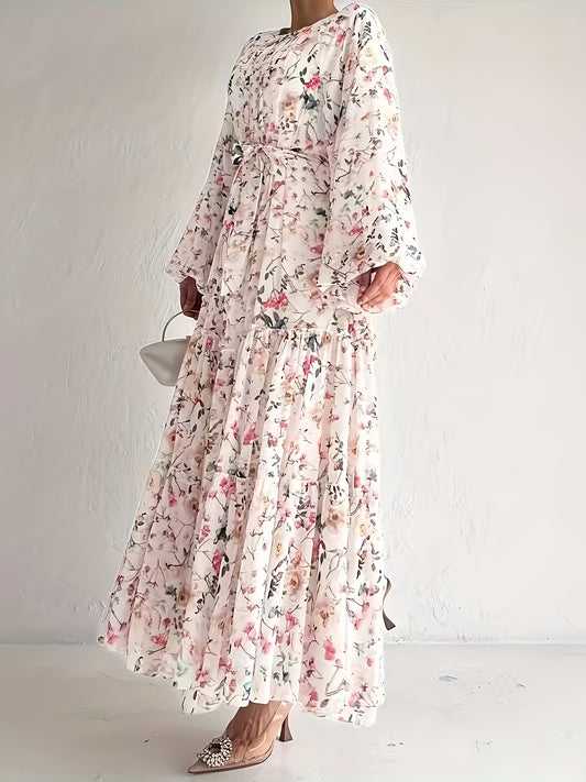 1pc Elegant Floral Print Long Dress for Women, Polyester Peplum with Belt Detail, Crew Neck, Spring/Summer Collection, Woven Fabric