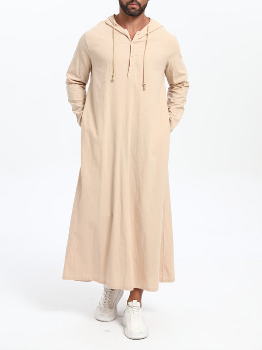 Men'S Arabic Hooded Robe - Traditional Islamic Full-Length Robe with Hood, Beige/Neutral Tones, Non-Stretch Fabric for Formal, Casual, Religious, Everyday & Special Occasions - Middle Eastern Cultural Attire, Muslim Dress, Fo