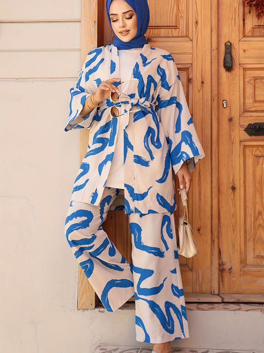 1 Set Elegant Geometric Print Open Front Abaya with Belt, Polyester Woven Pants Suit for Spring/Summer/Fall - Middle Eastern Style