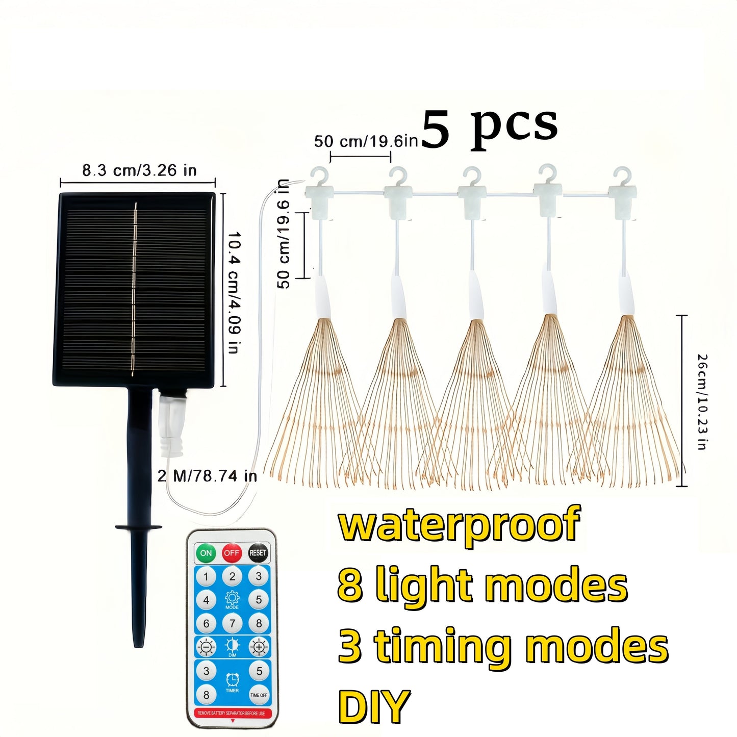 5pcs 450LED Solar Starburst Lanterns with Remote Timer - 8 Modes, Adjustable Brightness, Fairy Lights for Yard, Party Tents, Christmas, and More - Pure Copper Wire, 1200mAh Lithium Battery, Outdoor Lighting | Starburst Design