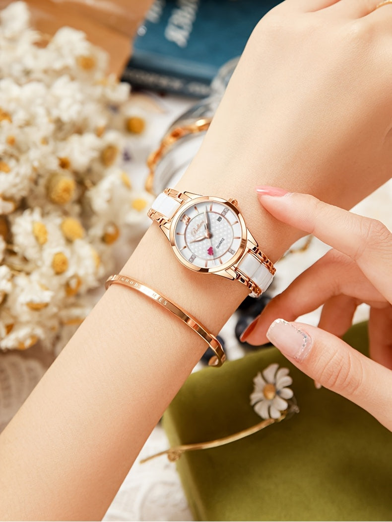 Luxury Ceramic Women's Watch with Rose Golden Case & White Dial - Quartz Movement, Date Display, Heart Accents - Elegant Valentine's Day Gift for Her, Date Feature Watch | Heart Motif Watch | Ceramic Strap Watch
