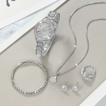 1 Round Elegant Business Casual Quartz Watch and 6 Jewelry Pieces - Perfect for Casual Attire and Gift Occasions, Birthday Gifts and Holiday Parties, Ideal for Women, Ladies, Family, Friends, Spouse, Mother