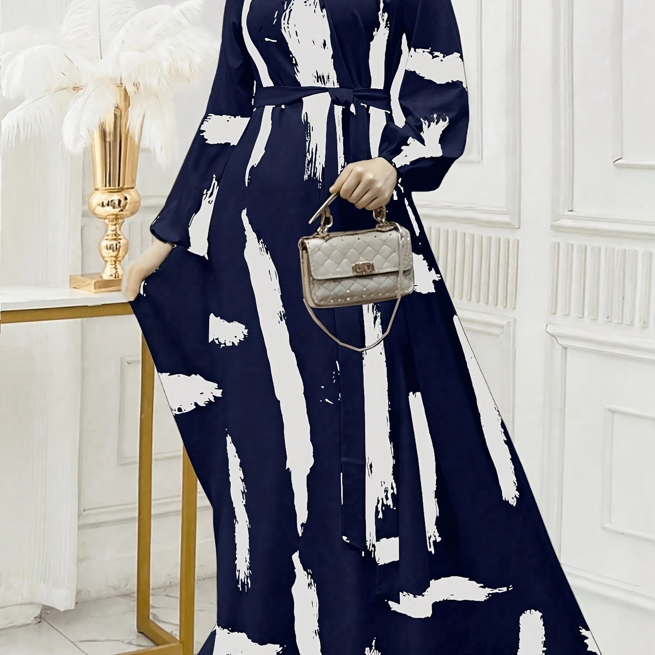 Women's Turkish Kaftan Dress - Navy & White Abstract Print Long Sleeve Midi Dress with Stand-Up Collar & Adjustable Waist Belt, Machine Washable All-Season Traditional Elegance for Casual or Formal Occasions