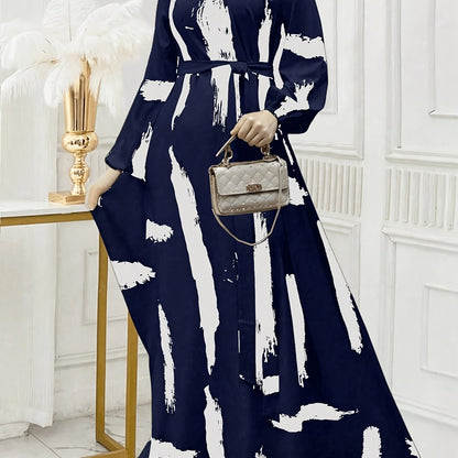 Women's Turkish Kaftan Dress - Navy & White Abstract Print Long Sleeve Midi Dress with Stand-Up Collar & Adjustable Waist Belt, Machine Washable All-Season Traditional Elegance for Casual or Formal Occasions