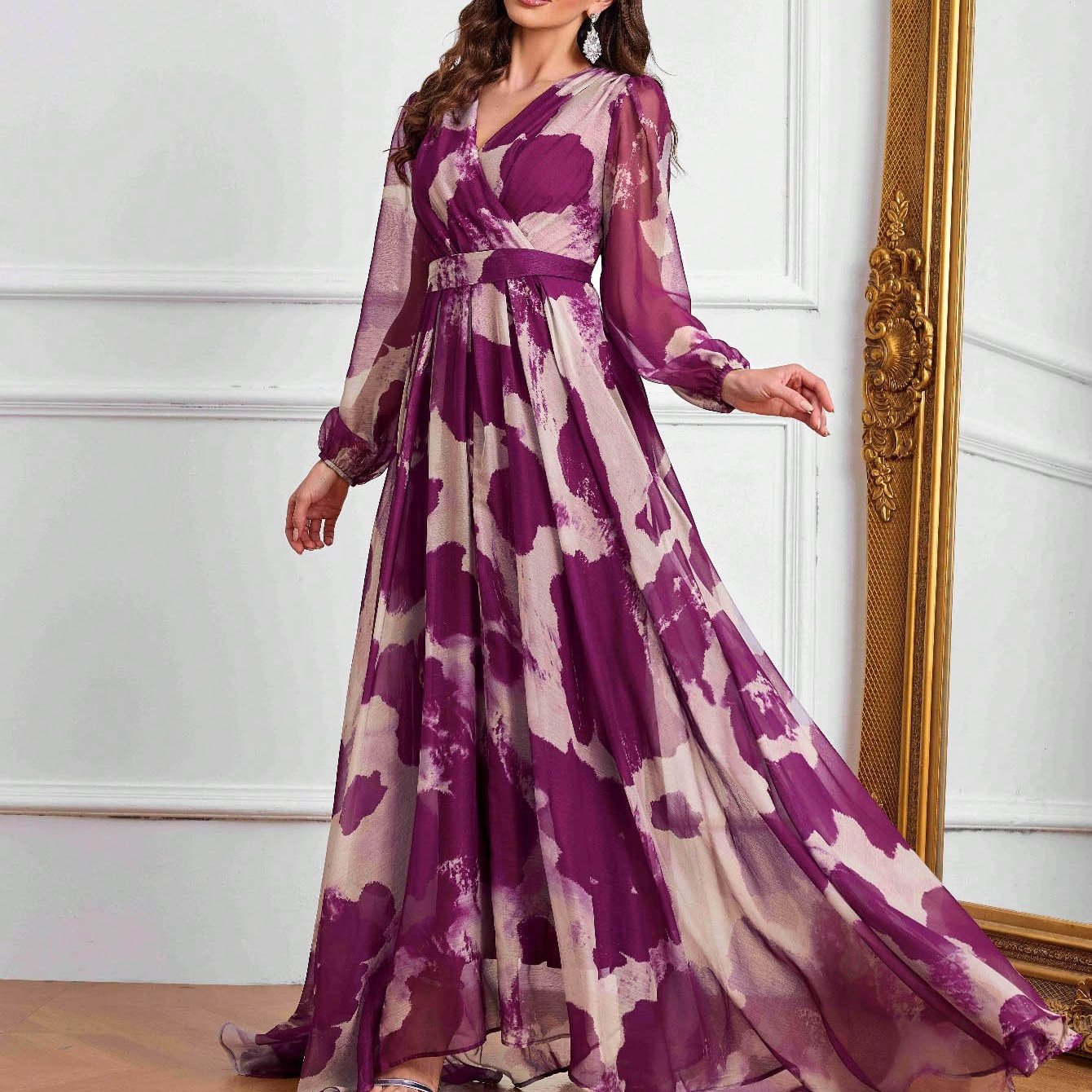 Women's Elegant V-Neck Long Formal Dress - Non-Stretchy Flowy Gown in Purple/White/Black/Gray/, Belted Waist for Weddings, Galas, Office Events - All-Season Formal Party Evening Attire, Long Sleeve Formal Dress, Wedding Guest
