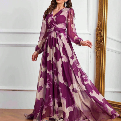 Women's Elegant V-Neck Long Formal Dress - Non-Stretchy Flowy Gown in Purple/White/Black/Gray/, Belted Waist for Weddings, Galas, Office Events - All-Season Formal Party Evening Attire, Long Sleeve Formal Dress, Wedding Guest