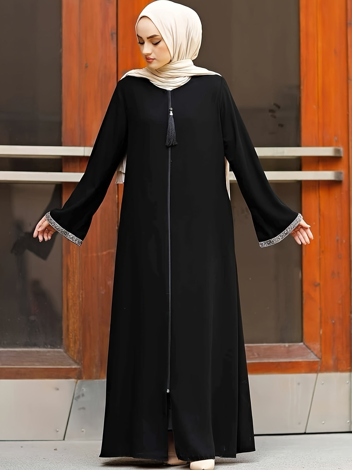 Middle Eastern Muslim Solid Color Zippered Tassel Round Neck Long Sleeve Sequined Women's Casual Abaya & No Headscarf
